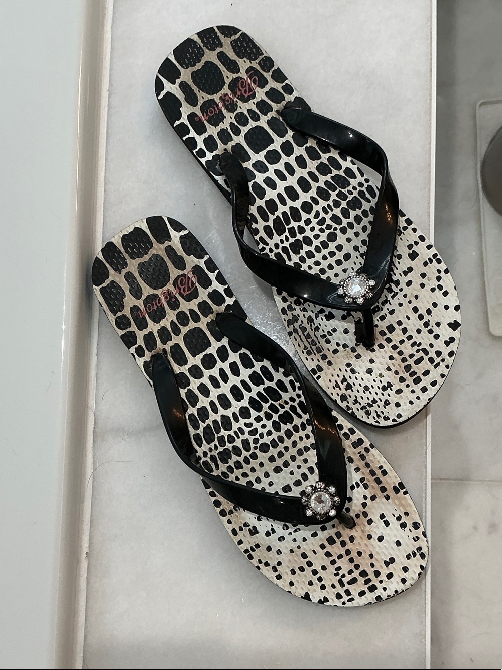 Brighton Black and White Animal-Print Jewel Flip Flops size 9-10 w